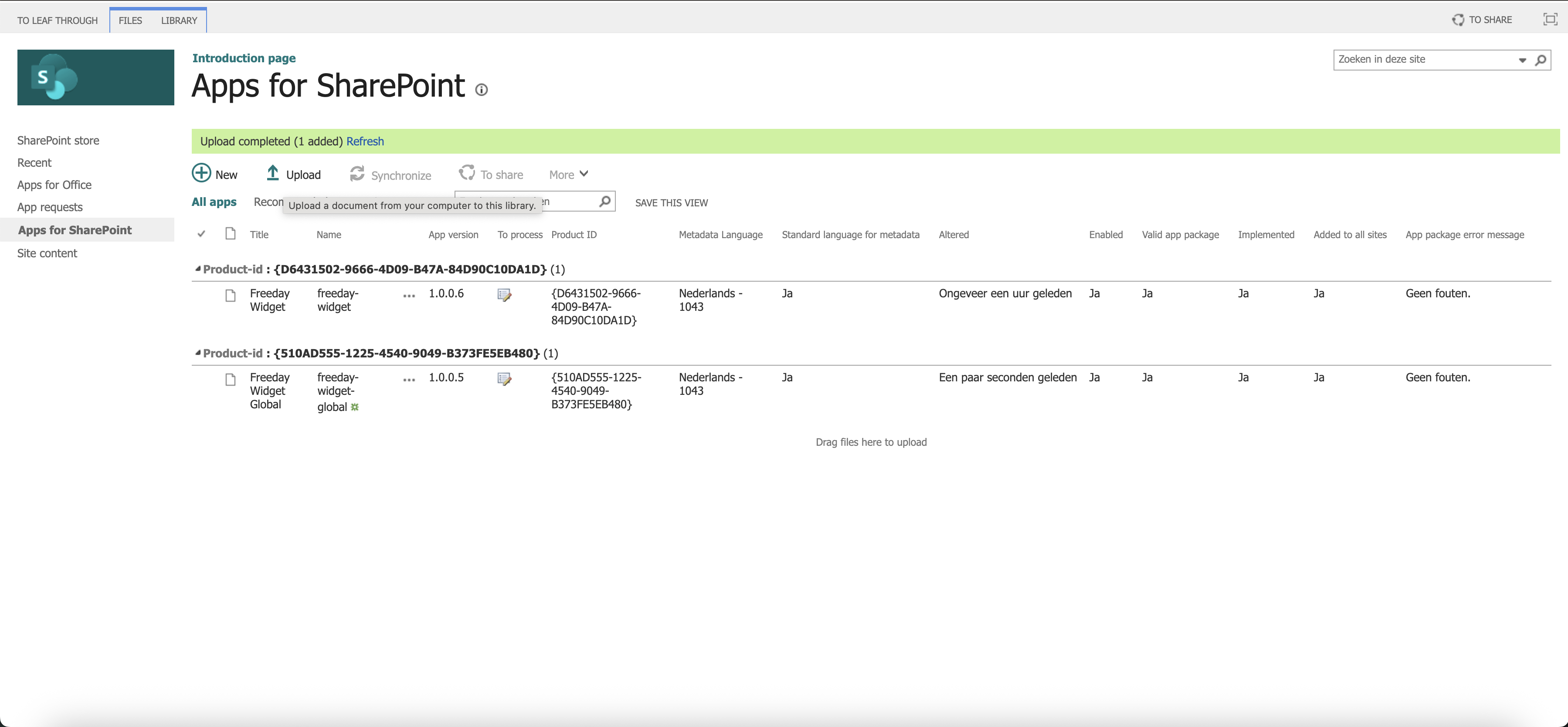 The Freeday Widget package uploaded to the SharePoint App Catalog