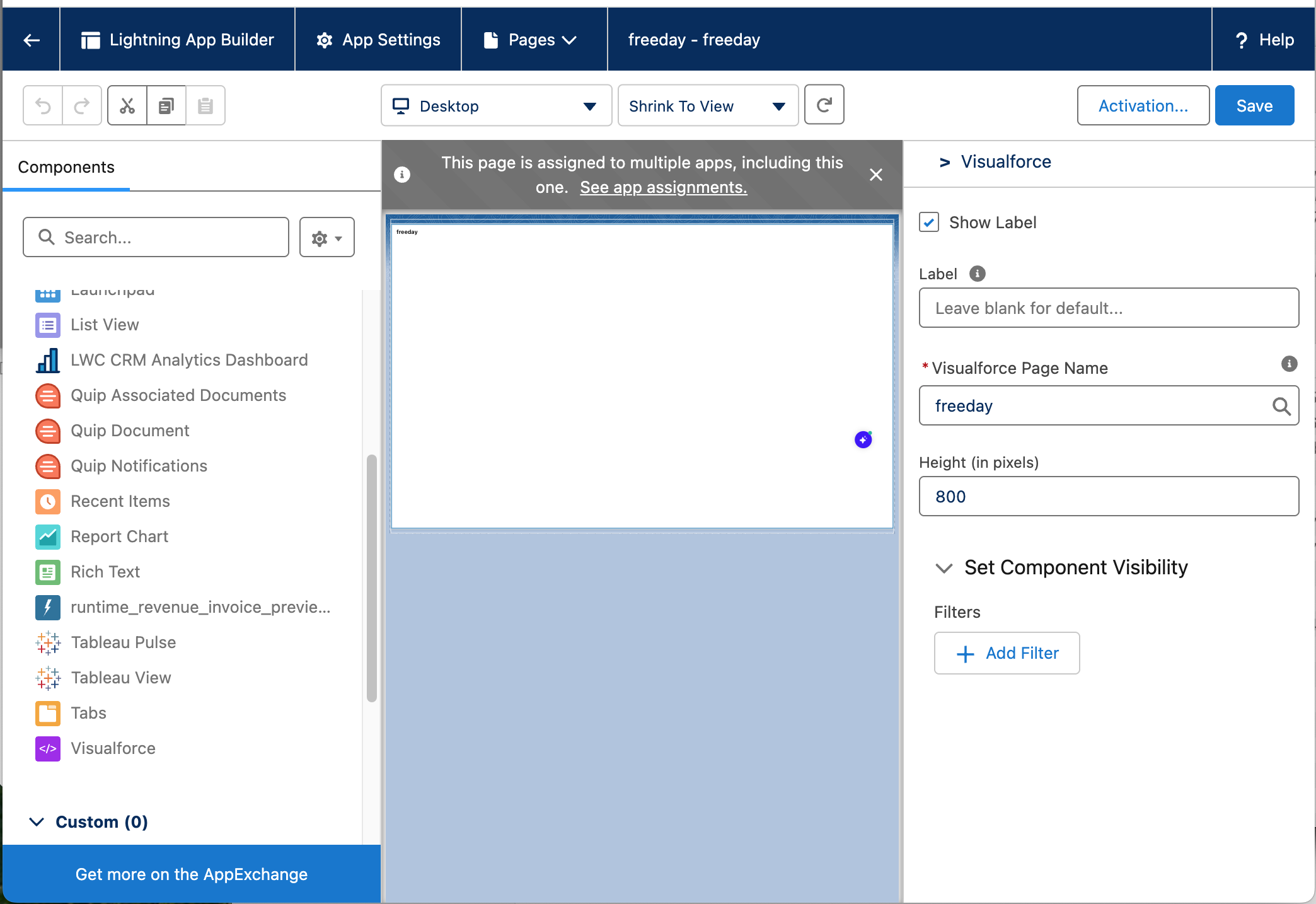 Adding the Visualforce component in the Lightning App Builder