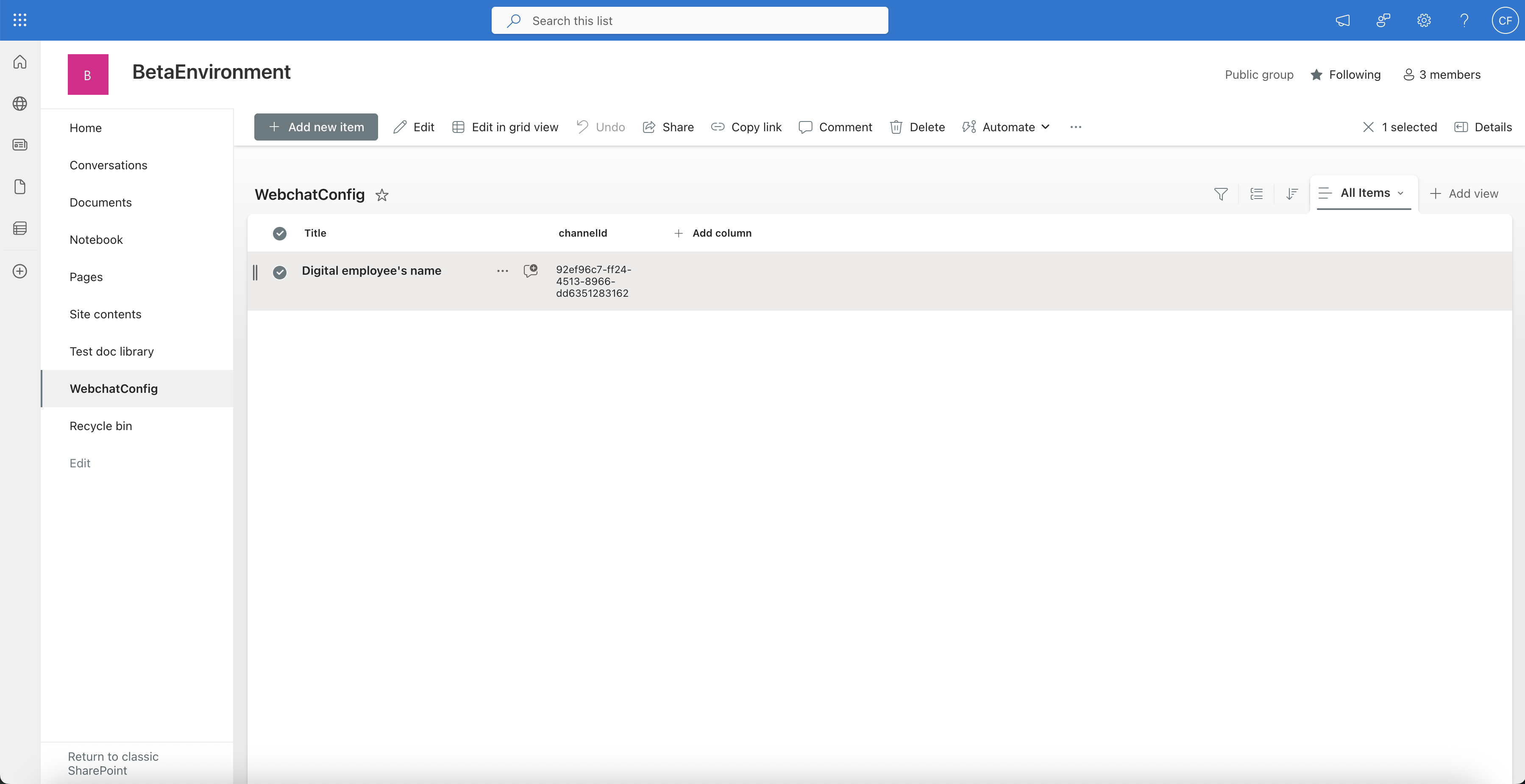 The WebchatConfig list with a Channel ID entry